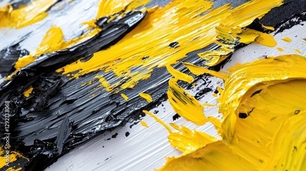 Fototapeta A painting with black and yellow paint splatters on it