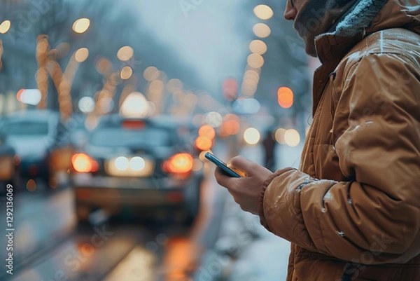 Fototapeta Man holding smartphone, waiting for taxi on city street, showcasing convenience of ride share services.