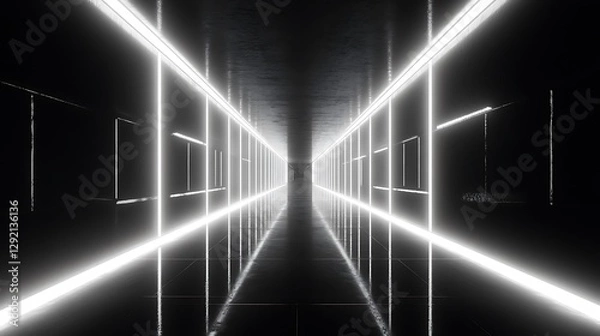 Fototapeta Neon tunnel, futuristic, dark, corridor, interior design