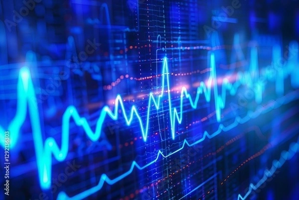 Fototapeta Bright blue illustrations of a cardiogram on an oscilloscope screen, with a glowing neon heart pulse overlay. The image showcases emergency ekg monitoring and heart beat visuals.