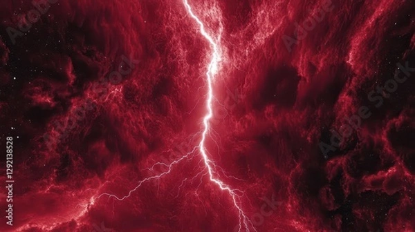 Fototapeta Dramatic red sky with lightning strike and cloudscape for storm backgrounds