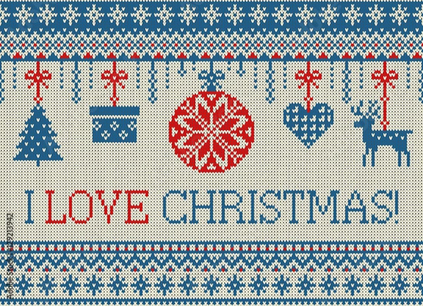 Obraz Merry Christmas and New Year seamless knitted pattern with Christmas balls, snowflakes and fir. Scandinavian style. Winter Holiday Sweater Design. Vector Illustration.