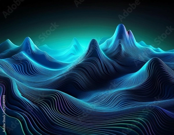 Obraz a 3d topographic background with a neon glow effect transitioning from indigo to cyan outlining a mysterious mountain range