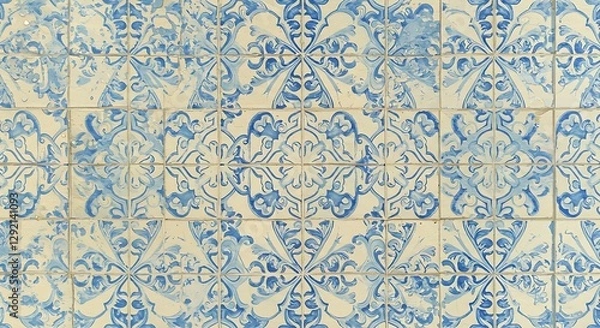 Obraz Ornate Blue and Cream Tile Pattern Decorative Floor Design Vintage Style