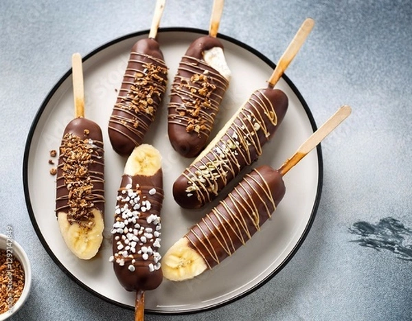 Fototapeta frozen chocolate covered bananas with toppings on stick healthy vegan dessert top view