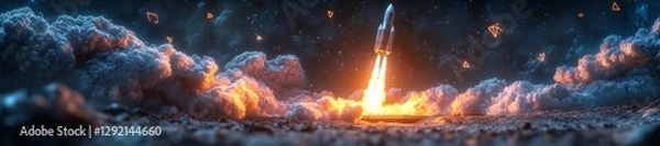 Fototapeta Rocket Launch from Neon Lit Launchpad in Futuristic Setting. Generative AI