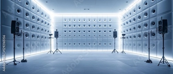 Obraz Audio recording room with speakers on stands in studio, soundproof wall background