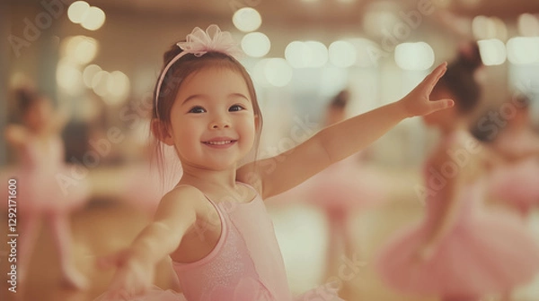 Fototapeta A young Asian girl joyfully practicing ballet in a dance studio, dressed in a pink tutu and surrounded by fellow little ballerinas. Image made using Generative AI.