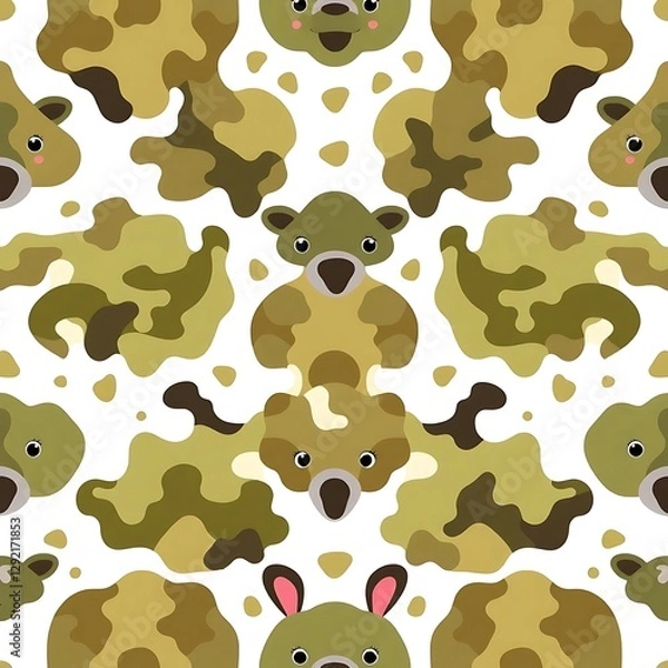 Fototapeta Whimsical Wombats and Camouflage: A playful seamless pattern featuring adorable cartoon wombats nestled amongst a unique camouflage design, creating a fun, textured background.