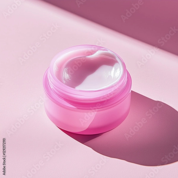 Fototapeta Pink  jar container with cream. Pink background, sunlit environment. A small jar with face cream for skincare routine. Beautiful closeup product photo. Mockup