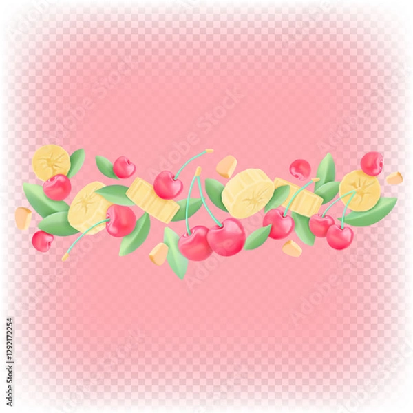 Obraz Cherries, banana pieces, mint. Vector 3d isolated illustration. Flying composition of fruits.