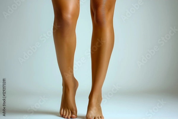 Fototapeta Toned legs and feet standing on a neutral backdrop, radiating health and vitality in a minimalist studio setting.