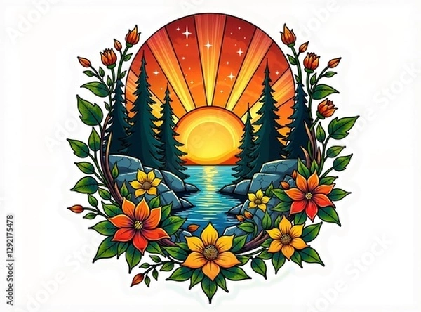 Obraz Symbolic traditional tattoo art print of crisp air turning warm, sunlit landscape, nature elements, in vibrant colors, retro flair, complex ornamental, white background