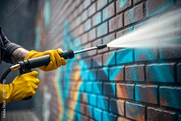 Obraz Close Up on Hands Cleaning Service Worker Removing Graffiti From Wall With Pressure Washer.	