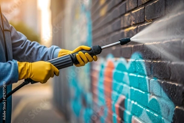 Obraz Close Up on Hands Cleaning Service Worker Removing Graffiti From Wall With Pressure Washer.	