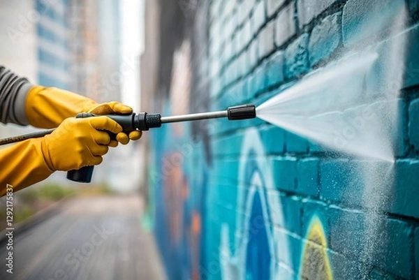 Obraz Close Up on Hands Cleaning Service Worker Removing Graffiti From Wall With Pressure Washer.	
