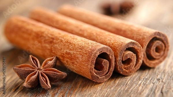 Obraz Cinnamon sticks and anise star on rustic wooden surface