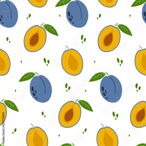 Obraz Plum seamless pattern. Whole and halves of fruits with leaves and pits on white background. Vector illustration. Hand drawn design for fabric print, wallpaper, paper, interior decor and more.