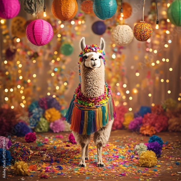 Fototapeta Colorful decorated llama at a festive celebration.