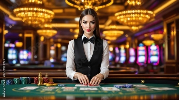 Fototapeta Elegant casino dealer showcasing skills at a luxurious gaming table during an evening event with vibrant lights and atmosphere. Generative AI