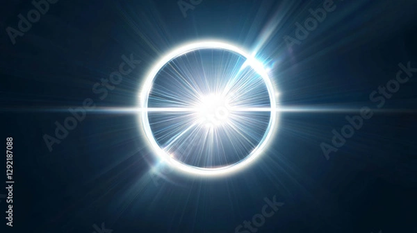 Obraz White neon glowing circle. Realistic vector illustration of light lens flare effect of circular shape with bright sparkle and streak. Shiny glare ring with ray and highlight. Luminous round frame.