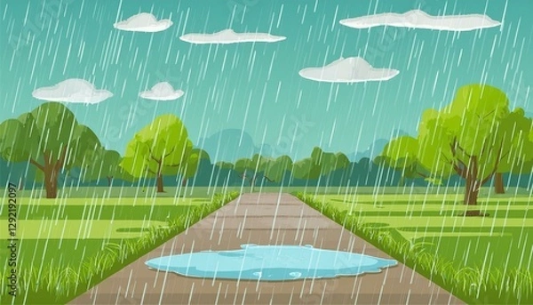 Obraz rainy landscape  illustration of rainy nature in the park puddles on a walking road against the backdrop of green grass in a clearing among trees summer rain fields and meadows