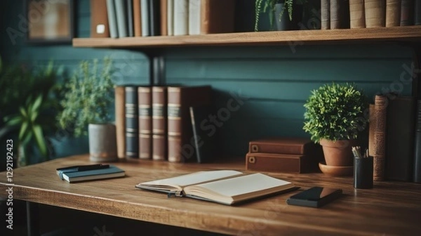 Fototapeta Cozy home office with open notebook and books on wooden desk