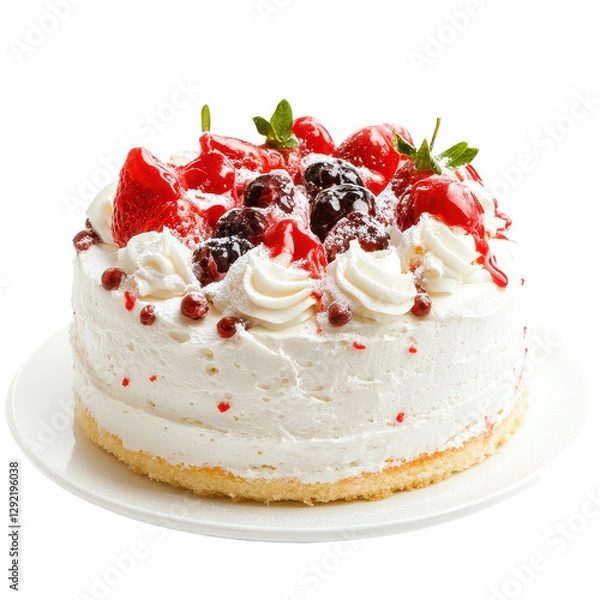 Fototapeta Delicious layered cake with fresh strawberries and berries on a white plate against a clean white background, cake. white background