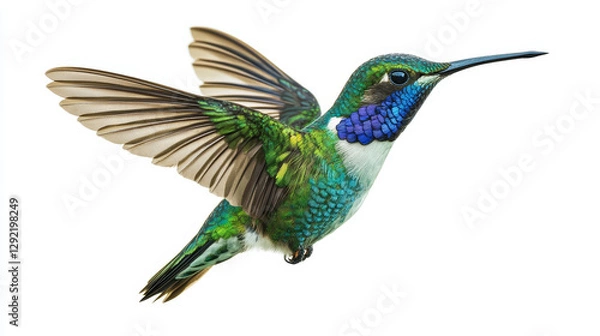 Fototapeta Green hummingbird in mid-flight with iridescent feathers and outstretched wings, isolated on a white background, ideal for nature conservation, birdwatching, and wildlife photography.

