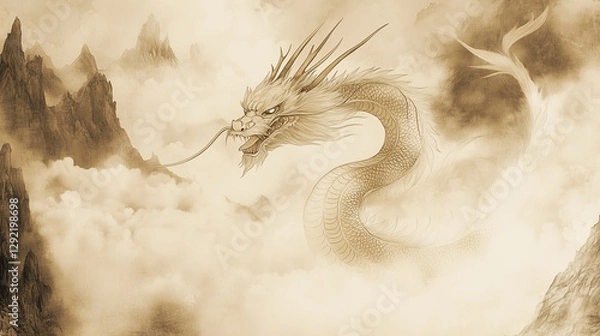 Fototapeta Illustration of a majestic Chinese dragon soaring through the clouds. Its long, serpentine body is covered in shimmering golden scales, with flowing whiskers and piercing eyes.