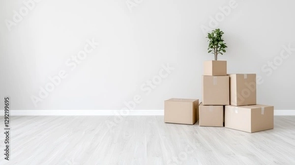 Obraz Empty room with cardboard boxes, home relocation, simple interior, for moving or storage solutions