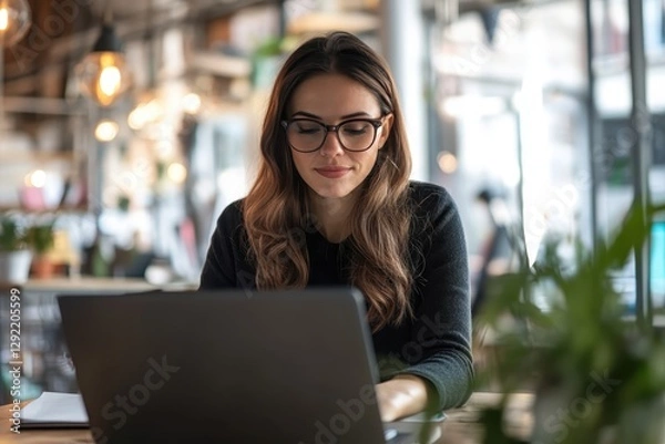 Fototapeta Focused businesswoman working on laptop in cafe, enjoying modern remote work lifestyle