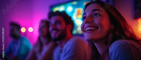 Obraz Group of four people watching television in a room with pink and blue lights