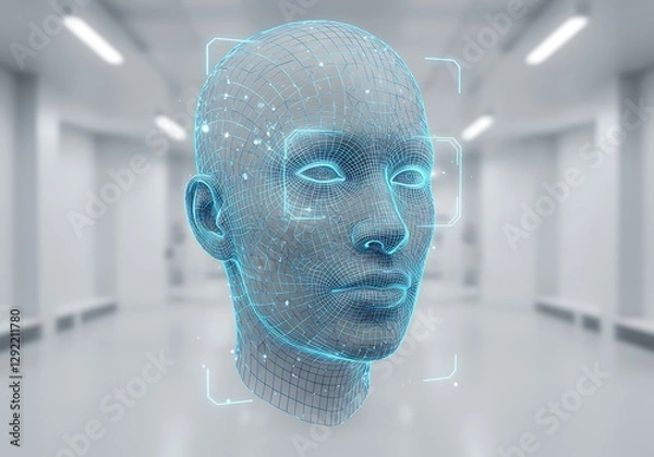 Obraz 3d Model of Human Head with Face Scan Technology in Room