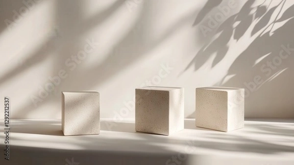 Fototapeta Geometric concrete podiums resting on white surface, illuminated by soft natural light, casting delicate leaf shadows across minimalist product display space
