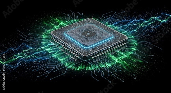 Fototapeta Computer Chip Close-up with Flowing Green and Blue Digital Light