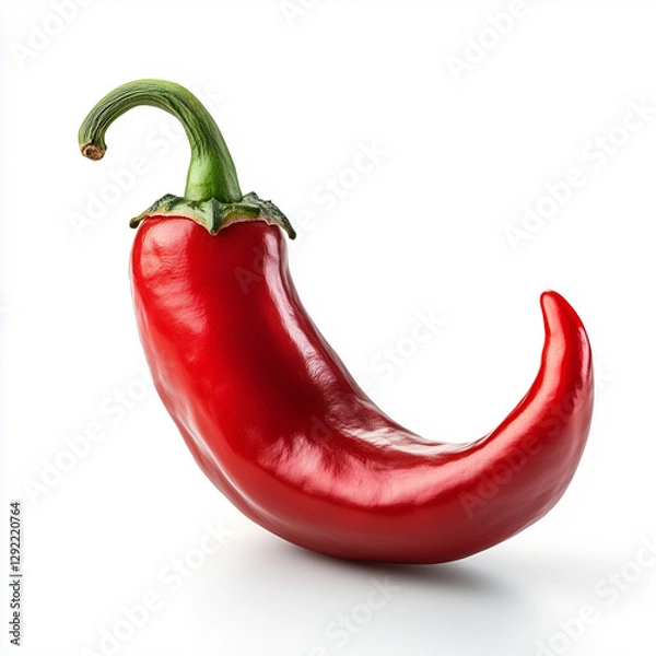 Fototapeta A glossy red chili pepper with a curved shape, isolated on a white background, representing spice and bold flavors.