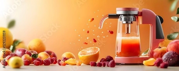 Fototapeta A vibrant scene featuring a modern juicer surrounded by fresh fruits including oranges and berries, highlighting the joy of healthy living and fresh juice preparation.