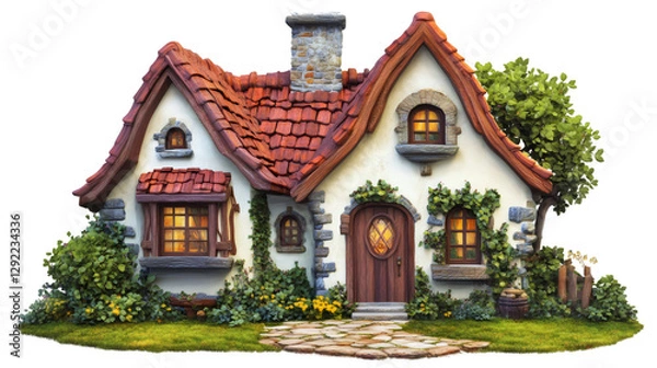 Obraz Whimsical fairytale cottage glowing softly, nestled among garden flowers during twilight, transparent background perfect for digital design compositions