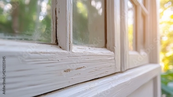 Obraz Close up of Weathered White Window Frame with Termite Damage