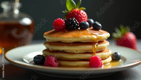 Obraz Golden pancakes topped with berries and syrup. AI image