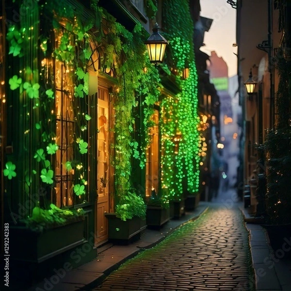 Obraz Generated image , evening view of the illuminated street during St. Patrick's Day, decorated with green clovers