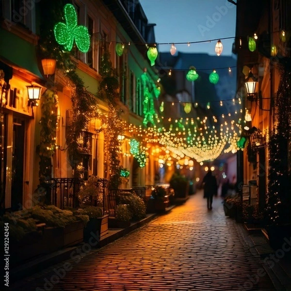 Obraz Generated image , evening view of the illuminated street during St. Patrick's Day, decorated with green clovers