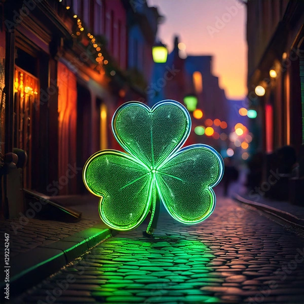 Obraz Generated image , evening view of the illuminated street during St. Patrick's Day, decorated with green clovers