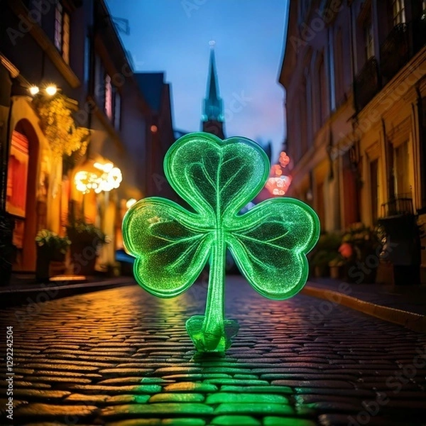 Obraz Generated image , evening view of the illuminated street during St. Patrick's Day, decorated with green clovers
