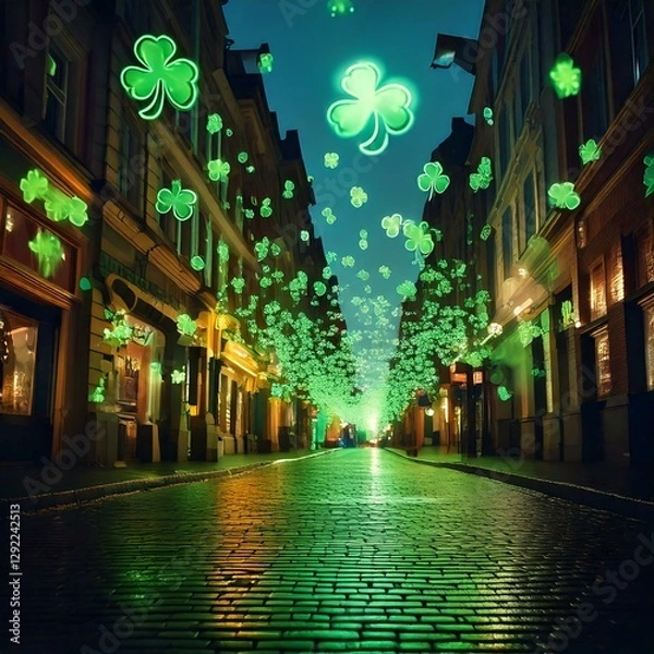 Obraz Generated image , evening view of the illuminated street during St. Patrick's Day, decorated with green clovers
