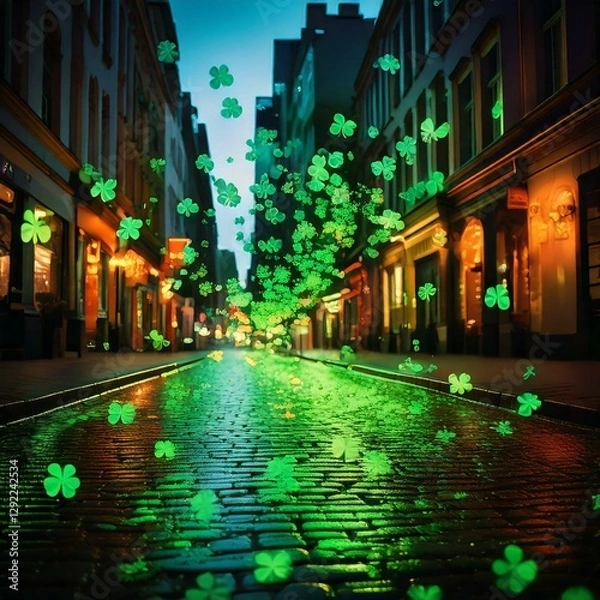 Obraz Generated image , evening view of the illuminated street during St. Patrick's Day, decorated with green clovers