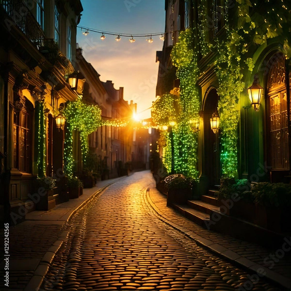 Obraz Generated image , evening view of the illuminated street during St. Patrick's Day, decorated with green clovers