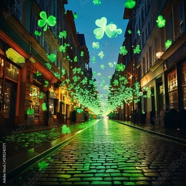 Obraz Generated image , evening view of the illuminated street during St. Patrick's Day, decorated with green clovers