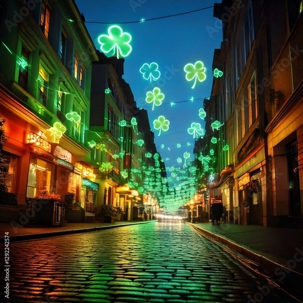 Obraz Generated image , evening view of the illuminated street during St. Patrick's Day, decorated with green clovers